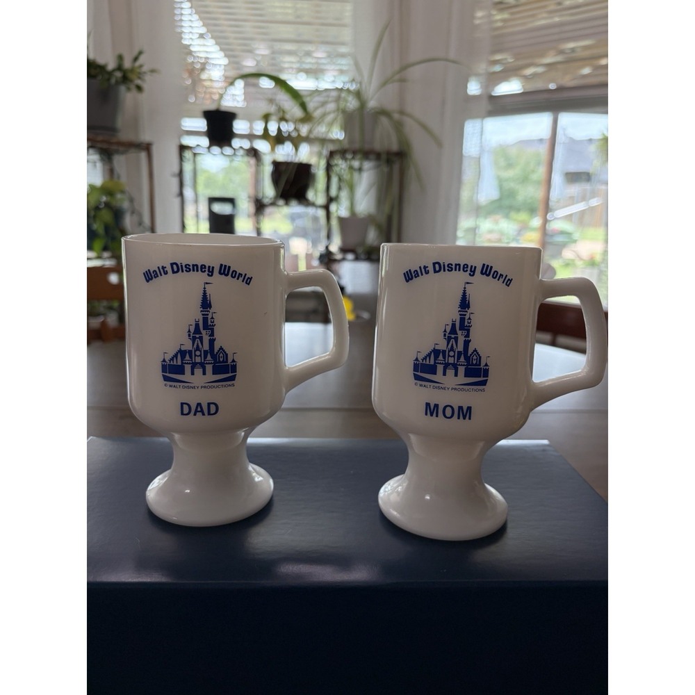 Vintage Walt Disney Productions Milk Glass Mom Dad Pedestal Mug Set 1970s-80s